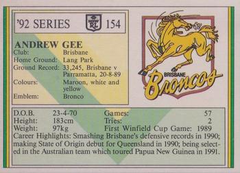 1992 Regina NSW Rugby League #154 Andrew Gee Back